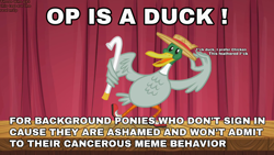 Size: 1280x720 | Tagged: safe, edit, edited screencap, screencap, bird, duck, may the best pet win, caption, dancing, image macro, meme, op is a cuck, rant, solo, text