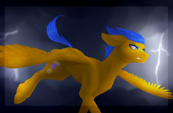 Size: 3000x1957 | Tagged: safe, artist:kassandravuds, derpibooru exclusive, oc, oc:crushingvictory, pegasus, pony, determined, lightning, spread wings, windswept mane, wings