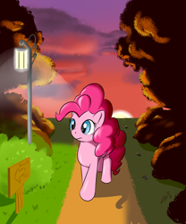 Size: 2000x2400 | Tagged: safe, artist:asajiopie01, derpibooru import, pinkie pie, earth pony, pony, evening, female, forest, light, mare, sign, solo, streetlight, sunset, tree, walking