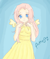 Size: 531x629 | Tagged: safe, artist:no-tobi, fluttershy, human, blue background, clothes, colored pupils, cute, dress, female, humanized, shyabetes, simple background, solo, winged humanization, wings