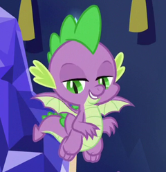 Size: 328x341 | Tagged: safe, screencap, spike, dragon, between dark and dawn, claws, cropped, flying, male, smiling, solo, winged spike, wings