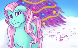 Size: 1280x800 | Tagged: safe, artist:spunky-sparkle, minty, earth pony, pony, a very minty christmas, g3, bauble, broken, christmas, christmas tree, garland, holiday, little crackly pieces, oh minty minty minty, ornament, sad, scene interpretation, shattered, snow, solo, the here comes christmas candy cane, tree