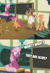 Size: 500x731 | Tagged: safe, edit, edited screencap, screencap, cheerilee, mane allgood, scootaloo, snap shutter, earth pony, pegasus, pony, the last crusade, clothes, comic, cropped, female, filly, foal, hat, imgflip, male, mare, meme, parent, ponyville schoolhouse, scootaloo's parents, screencap comic, shirt, spoiler, stallion, text