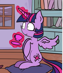 Size: 789x913 | Tagged: safe, artist:quarium edits, edit, twilight sparkle, twilight sparkle (alicorn), alicorn, book, bookshelf, cup, solo, teacup