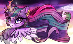 Size: 1280x768 | Tagged: safe, artist:schokocream, twilight sparkle, twilight sparkle (alicorn), alicorn, pony, ethereal mane, floating wings, moon, princess, sky, stars, sunset, tree, wings