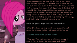 Size: 3000x1688 | Tagged: safe, pinkie pie, alternate timeline, crystal war timeline, implied king sombra, inverted mouth, pony supremacy, talk to transformer, text, wall of text, war