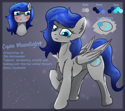 Size: 2284x2036 | Tagged: safe, artist:jesterpi, oc, oc only, oc:cyan moonlight, pegasus, pony, abstract background, blushing, commission, female, glow, mare, mare only, reference sheet, smiling, text, wings