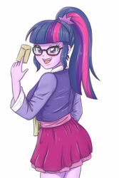 Size: 2362x3543 | Tagged: safe, artist:sumin6301, edit, sci-twi, twilight sparkle, equestria girls, blushing, clothes, glasses, looking at you, miniskirt, open mouth, ponytail, simple background, skirt, smiling, solo, white background