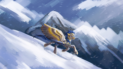 Size: 3840x2160 | Tagged: safe, artist:orfartina, oc, oc only, oc:crushingvictory, pegasus, pony, armor, craft, ear fluff, engraving, fluffy, mountain, mountain range, scenery, snow, solo, spread wings, sword, unshorn fetlocks, weapon, windswept mane, windswept tail, wings