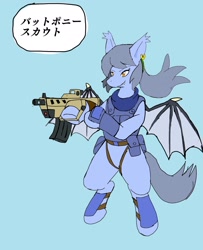 Size: 1447x1778 | Tagged: safe, artist:omegapony16, oc, oc only, oc:oriponi, bat pony, pony, armor, bat pony oc, ear piercing, earring, flying, gun, japanese, jewelry, piercing, simple background, soldier, solo, weapon