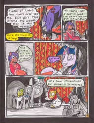 Size: 2513x3281 | Tagged: safe, artist:oatmeal155, twilight sparkle, oc, oc:bushwak, oc:citrus dew, oc:lotus dew, oc:sour root, earth pony, pony, unicorn, comic:oat.meal, comic, dialogue, ever emerald manor, traditional art