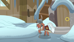 Size: 1920x1080 | Tagged: safe, screencap, earth pony, pony, frenemies (episode), clothes, helmet, male, rusty bucket, snow, solo, stallion