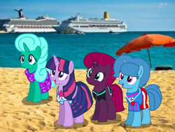 Size: 1440x1080 | Tagged: safe, artist:徐詩珮, fizzlepop berrytwist, glitter drops, spring rain, tempest shadow, twilight sparkle, twilight sparkle (alicorn), alicorn, unicorn, series:sprglitemplight diary, series:sprglitemplight life jacket days, series:springshadowdrops diary, series:springshadowdrops life jacket days, alternate universe, base used, beach, bisexual, broken horn, clothes, cute, equestria girls outfit, female, glitterbetes, glitterlight, glittershadow, horn, lesbian, lifeguard, lifeguard spring rain, polyamory, shipping, sprglitemplight, springbetes, springdrops, springlight, springshadow, springshadowdrops, swimsuit, tempestbetes, tempestlight