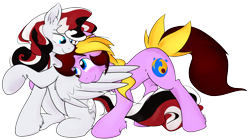 Size: 2136x1200 | Tagged: safe, artist:stec-corduroyroad, derpibooru exclusive, oc, oc only, oc:bridle timeout, oc:corduroy road, earth pony, pegasus, 2020 community collab, cordy, cute, derpibooru community collaboration, duo, feather, female, looking at each other, male, raised hoof, simple background, transparent background, wings