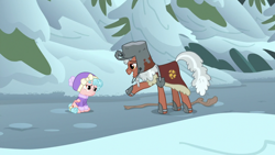 Size: 1920x1080 | Tagged: safe, screencap, cozy glow, earth pony, pegasus, pony, frenemies (episode), bucket, clothes, duo, female, filly, foal, hat, helmet, male, raised hoof, rusty bucket, snow, staff, stallion, winter outfit