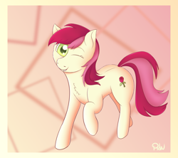 Size: 1800x1600 | Tagged: safe, artist:ponyxwright, roseluck, pony, abstract background, one eye closed, solo, wink