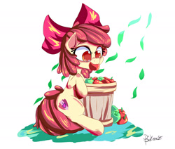 Size: 1790x1519 | Tagged: safe, artist:velcius, apple bloom, apple, food, mouth hold