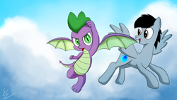 Size: 1920x1080 | Tagged: safe, artist:egstudios93, spike, oc, oc:eg, dragon, pegasus, pony, flying, winged spike