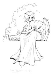 Size: 751x1100 | Tagged: safe, artist:knightdd, fluttershy, anthro, pegasus, unguligrade anthro, bush, clothes, crying, dress, female, grayscale, large wings, monochrome, sitting, sketch, solo, spread wings, water, wings