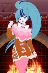 Size: 1360x2040 | Tagged: safe, artist:rileyav, sonata dusk, equestria girls, blushing, bow, bowtie, candy, christmas, christmas lights, cute, disguise, disguised siren, female, fireplace, food, gingerbread (food), gingerbread man, holiday, looking at you, nail polish, open mouth, solo, sonatabetes