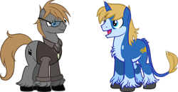 Size: 2163x1125 | Tagged: safe, artist:theeditormlp, oc, oc:ben, oc:the editor, earth pony, pony, unicorn, clothes, glasses, male, shirt, simple background, stallion, transparent background, vest