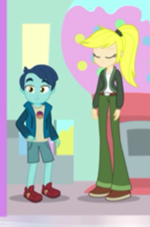 Size: 241x364 | Tagged: safe, screencap, henry handle, manestrum, better together, equestria girls, holidays unwrapped, background human, blonde, clothes, cropped, dashing through the mall, female, legs, male, pants, shoes, shorts, unnamed human