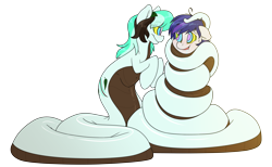 Size: 6000x3700 | Tagged: safe, artist:fluffyxai, oc, oc:hotsun, oc:wave mint choco, lamia, original species, snake pony, blushing, coiling, coils, drool, fetish, hypnosis, hypnosis fetish, hypnotized, monster mare, nervous, simple background, smiling, smirk, sweat, sweatdrop, swirly eyes, transparent background, wrapped up