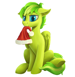 Size: 1000x1035 | Tagged: safe, artist:foxpit, derpibooru exclusive, oc, oc only, oc:lime zest, pegasus, pony, 2020 community collab, christmas, derpibooru community collaboration, hat, holiday, looking at you, male, mouth hold, santa hat, sitting, solo, transparent background