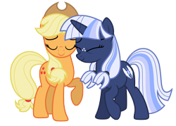 Size: 9995x7173 | Tagged: safe, artist:estories, applejack, oc, oc:silverlay, earth pony, pony, absurd resolution, canon x oc, eyes closed, female, lesbian, shipping, silverjack, simple background, smiling, transparent background, vector