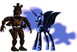 Size: 1095x730 | Tagged: safe, nightmare moon, alicorn, anthro, bear, pony, animatronic, antagonist, anthro with ponies, crossover, duo, female, five nights at freddy's, fnaf 4, looking at you, male, nightmare freddy, png, sharp teeth, simple background, spread wings, standing, teeth, transparent background, wings