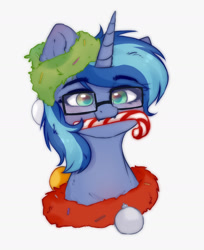 Size: 1350x1658 | Tagged: artist needed, safe, oc, oc:blue cola, pony, unicorn, blushing, candy, candy cane, christmas, food, glasses, holiday, looking at you, male, smiling, solo, stallion