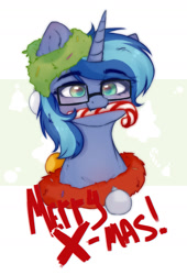 Size: 1350x1989 | Tagged: artist needed, safe, oc, oc:blue cola, pony, unicorn, blushing, candy, candy cane, christmas, food, glasses, holiday, looking at you, male, smiling, solo, stallion, text