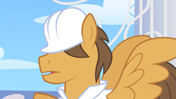 Size: 1417x797 | Tagged: safe, screencap, hoops, sonic rainboom (episode), cloudsdale, hard hat, weather factory uniform