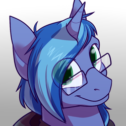 Size: 700x700 | Tagged: artist needed, safe, alternate version, oc, oc:blue cola, pony, unicorn, clothes, glasses, hoodie, looking at you, male, smiling, solo, stallion