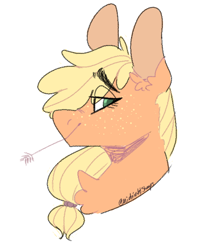 Size: 586x733 | Tagged: safe, artist:sleepymangos, derpibooru import, part of a set, applejack, earth pony, pony, bust, chest fluff, ear fluff, eye clipping through hair, eyebrows visible through hair, female, freckles, hay stalk, looking at you, mare, profile, simple background, smiling, solo, straw in mouth, white background