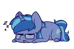 Size: 586x388 | Tagged: artist needed, safe, oc, oc:blue cola, pony, unicorn, chibi, cutie mark, eyes closed, glasses, male, onomatopoeia, sleeping, solo, sound effects, stallion, ych result, zzz