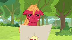 Size: 1920x1080 | Tagged: safe, screencap, big macintosh, earth pony, pony, going to seed, apple, apple tree, bags under eyes, big macintosh is not amused, freckles, frown, male, map, solo, stallion, tree, unshorn fetlocks