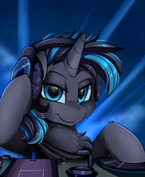 Size: 1446x1764 | Tagged: safe, artist:pridark, oc, oc:blaze, pony, unicorn, blue eyes, bust, chest fluff, commission, looking at you, male, portrait, smiling, solo, turntable