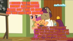 Size: 2048x1152 | Tagged: safe, edit, edited screencap, screencap, mane allgood, scootaloo, snap shutter, pony, the last crusade, caption, cartoonito logo, cute, excessive exclamation marks, family, female, filly, foal, good end, happy, hug, image macro, love, loving family ponies, loving mother, male, mare, ponyville schoolhouse, scootaloo's parents, scootalove, stallion, sweet, text