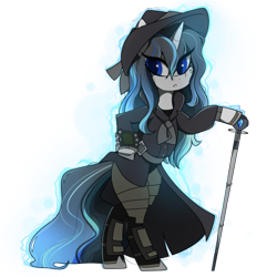 Size: 437x437 | Tagged: safe, artist:crimmharmony, oc, oc:frontier justice, oc:shadow spade, pony, unicorn, fallout equestria, fallout equestria: kingpin, armor, armored legs, aura, beauty mark, bipedal, black eyeshadow, blank, blank of rarity, blue eyes, clothes, commissioner:genki, detective, discharge, fedora, female, hat, justice mare, lawbringer, magic, mane highlights, mare, messy mane, mutation, pipboy, pipbuck, scar, shoes, simple background, solo, split-personality merge, swordstick, transparent background, trenchcoat, unicorn oc, wet mane