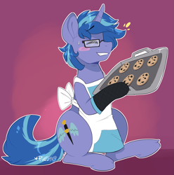 Size: 1485x1500 | Tagged: safe, artist:pixelyte, oc, oc:blue cola, pony, unicorn, apron, baking tray, blushing, chocolate chip cookies, clothes, cookie, cutie mark, eyes closed, food, glasses, male, naked apron, oven mitts, simple background, smiling, solo, stallion, sweat, ych result