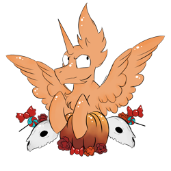 Size: 800x800 | Tagged: safe, artist:hunterthewastelander, oc, oc only, alicorn, alicorn oc, candy, chest fluff, commission, ear fluff, flower, food, impossibly large ears, pumpkin, simple background, skull, solo, spread wings, transparent background, wings, your character here