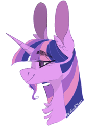 Size: 508x668 | Tagged: safe, artist:sleepymangos, part of a set, twilight sparkle, pony, beard, big ears, bust, chest fluff, ear fluff, eye clipping through hair, facial hair, female, lidded eyes, mare, profile, simple background, smiling, solo, white background