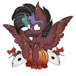 Size: 800x800 | Tagged: safe, artist:hunterthewastelander, oc, oc only, oc:rimfire cazador, alicorn, alicorn oc, candy, chest fluff, commission, ear fluff, flower, food, impossibly large ears, male, pumpkin, simple background, skull, solo, spread wings, stallion, transparent background, wings, ych example, your character here
