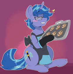 Size: 1485x1500 | Tagged: safe, alternate version, artist:pixelyte, oc, oc:blue cola, pony, unicorn, apron, baking tray, blushing, chocolate chip cookies, clothes, cookie, cutie mark, eyes closed, food, glasses, male, naked apron, oven mitts, simple background, smiling, solo, stallion, sweat, ych result