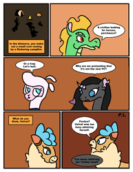 Size: 612x792 | Tagged: safe, artist:newbiespud, arizona cow, oleander, pom lamb, tianhuo, velvet reindeer, cow, deer, dragon, hybrid, longma, pony, reindeer, unicorn, collaboration, comic:friendship is dragons, them's fightin' herds, campfire, comic, dialogue, tent