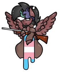 Size: 887x1042 | Tagged: safe, artist:hunterthewastelander, oc, oc only, oc:rimfire cazador, alicorn, pegasus, pony, alicorn oc, clothes, frown, gun, male, pegasus oc, pride, pride flag, simple background, solo, stallion, transgender pride flag, transparent background, weapon, wings