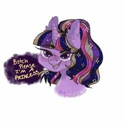 Size: 626x626 | Tagged: safe, artist:sleepymangos, twilight sparkle, twilight sparkle (alicorn), alicorn, pony, bitch please, bust, ear fluff, ethereal mane, eyebrows visible through hair, female, jewelry, mare, open mouth, rainbow power, raised eyebrow, simple background, solo, speech bubble, starry eyes, starry mane, tiara, vulgar, white background, wingding eyes