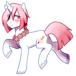 Size: 1040x1043 | Tagged: safe, artist:shifterdreams, oc, oc only, pony, unicorn, blushing, eye clipping through hair, floral head wreath, flower, horn, male, raised hoof, simple background, stallion, transparent background, unicorn oc, unshorn fetlocks