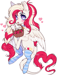 Size: 1003x1320 | Tagged: safe, artist:kitten-in-the-jar, oc, oc:lullaby melody, pegasus, pony, basket, blushing, choker, clothes, female, food, heart, mare, simple background, socks, solo, strawberry, striped socks, transparent background, wingding eyes